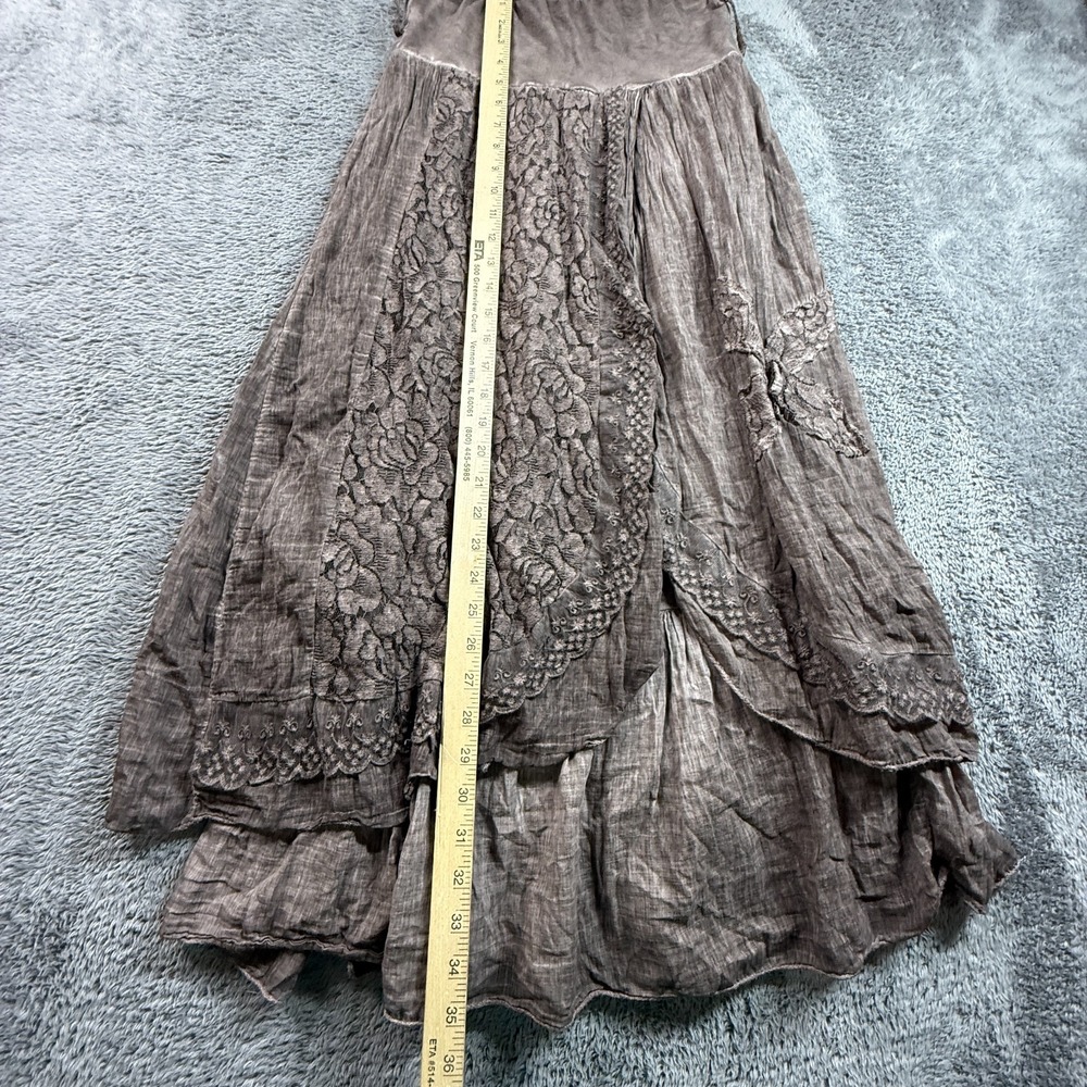 Boho Fairy Maxi Skirt Made in Italy Lace Embroidery Crinkle Cotton Taupe S/M - Picture 6 of 7